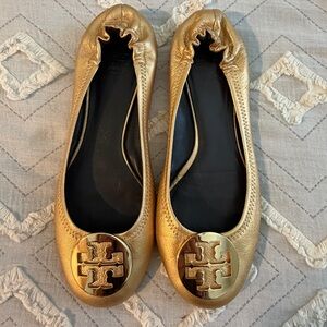 Tory Burch Metallic Gold Logo Ballet Flats